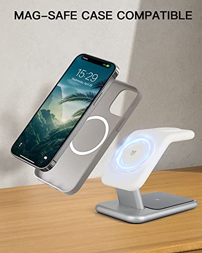 3-in-1 Wireless Charging Station, 18W Fast Mag-Safe Charger Stand for iPhone 14, 13 and 12 Series - Apple Watch and AirPods, Magnetic Wireless Charging Station for Multiple Devices with Adapter and LED