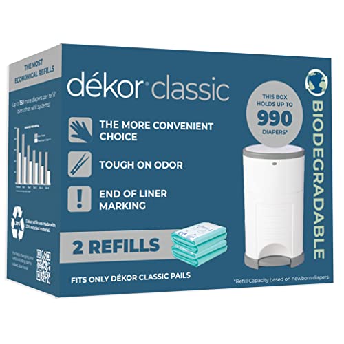 Dekor Classic Diaper Pail Biodegradable Refills | 2 Count | Most Economical Refill System | Quick and Simple to Replace | No Preset Bag Size – Use Only What You Need | Exclusive End-of-Liner Marking