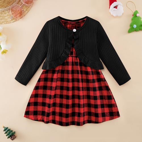 Bkixhv Toddler Baby Girl Cotton Dress Cardigan 2 Pcs Christmas Outfit Buffalo Plaid Sleeveless Dress Set 5-6 Years Old