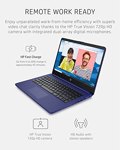 HP 14 Laptop, Intel Celeron N4020, 4 GB RAM, 64 GB Storage, 14-inch HD Touchscreen, Windows 11 Home, Thin and Portable, 4K Graphics, One Year of Microsoft 365 (14-dq0050nr, 2021, Indigo Blue)