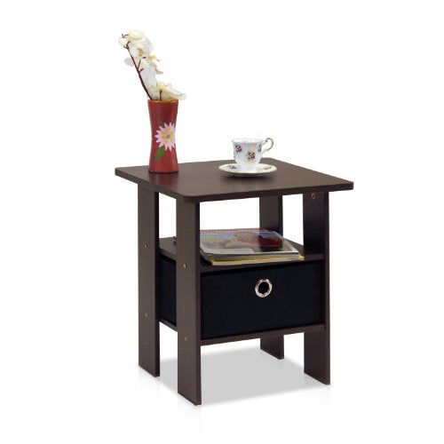 Furinno Andrey End Table / Side Table / Night Stand / Bedside Table with Bin Drawer, Dark Brown/Black