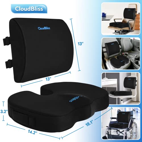 CloudBliss Seat Cushion,Office Chair Cushion,Car Seat Cushion,Lumbar Support Pillow for Office Chair,Back Support Memory Foam Pillow Coccyx Cushion for Tailbone Pain,Sciatica and Back Pain Relief -Black