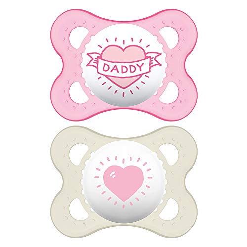 MAM Original Baby Pacifier, Nipple Shape Helps Promote Healthy Oral Development, Sterilizer Case, Love and Affection/Girl, 0-6 Months (Pack of 2)