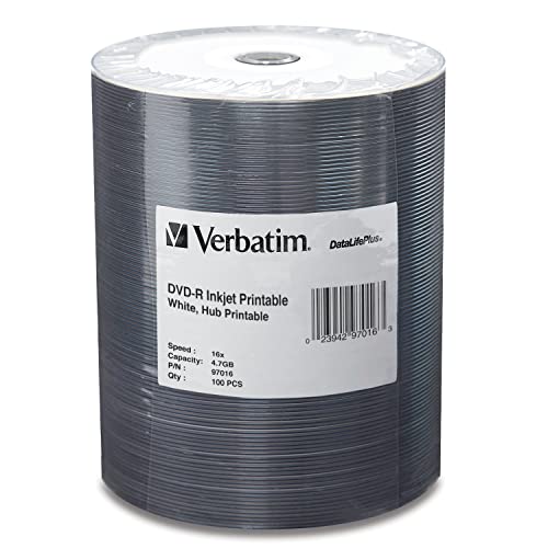Verbatim DVD-R 4.7GB 16X DataLifePlus White Inkjet Printable, Hub Printable - 100pk Tape Wrap, 0.1 (97016)