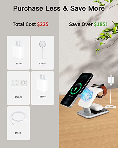 3-in-1 Wireless Charging Station, 18W Fast Mag-Safe Charger Stand for iPhone 14, 13 and 12 Series - Apple Watch and AirPods, Magnetic Wireless Charging Station for Multiple Devices with Adapter and LED
