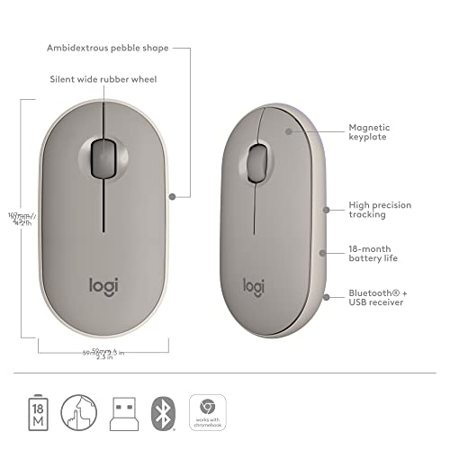 Logitech Pebble Wireless Mouse with Bluetooth or 2.4 GHz Receiver, Silent, Slim Computer Mouse with Quiet Clicks, for Laptop/Notebook/iPad/PC/Mac/Chromebook - Sand
