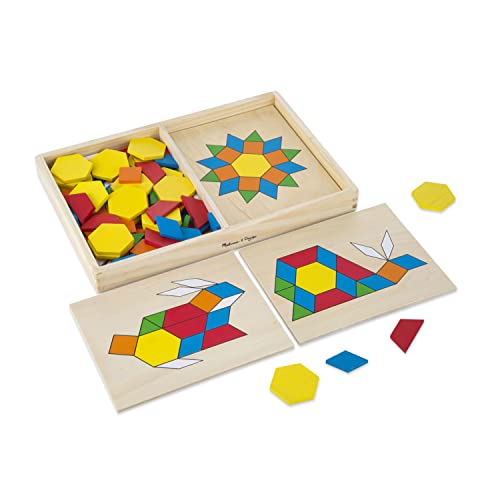 Melissa and Doug Pattern Blocks and Boards - Classic Toy With 120 Solid Wood Shapes and 5 Double-Sided Panels, Multi-colored - STEAM Toy, Wooden Pattern Blocks Animals, Tangrams Puzzle For Kids Ages 3+