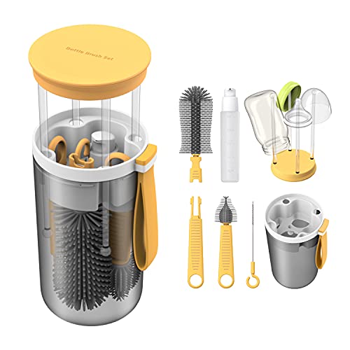 TechoEcho Travel Baby Bottle Brush Set with Extendable Liquid Silicone Bottle Brush，Nipple Brush，Built-in Bottle Drying Rack，Straw Cleaner Brush，Baby Bottle Soap Dispenser，Bottle Warmer (Yellow)