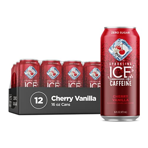 Sparkling Ice +Caffeine Cherry Vanilla Sparkling Water with Caffeine, Zero Sugar, with Antioxidants and Vitamins, Zero Sugar, 16 fl oz Cans (Pack Of 12)