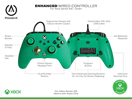 PowerA Enhanced Wired Controller for Xbox Series X|S - Green, Gamepad, Wired Video Game Controller, Gaming Controller, Works with Xbox One - Xbox Series X