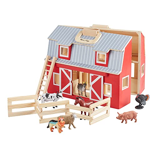Melissa and Doug Fold and Go Wooden Barn With 7 Animal Play Figures - Farm Animals Portable Toys For Kids And Toddlers Ages 3+
