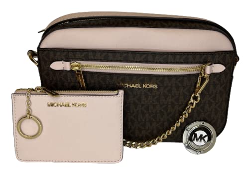 Michael Kors Jet Set Large Chain Crossbody Bag bundled with with SM TZ Coinpouch Wallet and Purse Hook (Signature MK Brown/Powder Blush)