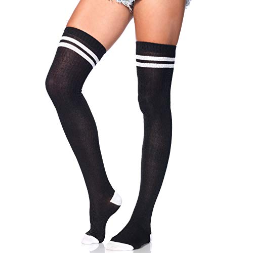 Leg Avenue Women's Ribbed Athletic Thigh High Socks, Black/White, One Size