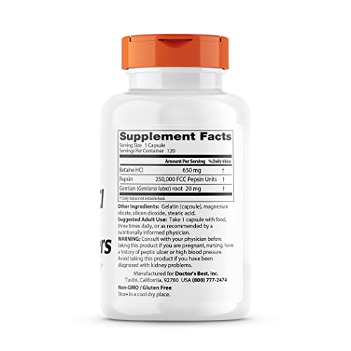 Doctor's Best Betaine HCI Pepsin and Gentian Bitters, Digestive Enzymes for Protein Breakdown and Absorption, Non-GMO, Gluten Free, 120 Caps, Original Version (DRB-00163)