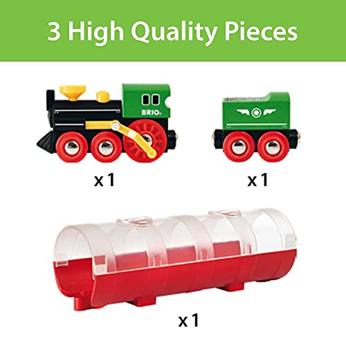 BRIO World 33892 - Steam Train and Tunnel - 3 Piece Wooden Toy Train Set for Kids Age 3 and Up