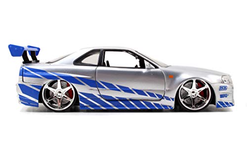 Jada Toys Fast and Furious Brian’s 2002 Nissan Skyline R34 Die-cast Car, 1:24 Scale, Silver and Blue