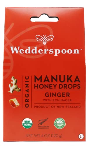 Wedderspoon Organic Manuka Honey Drops, Ginger and Echinacea, 20 Count (Pack of 1) | Genuine New Zealand Honey | Perfect Remedy For Dry Throats