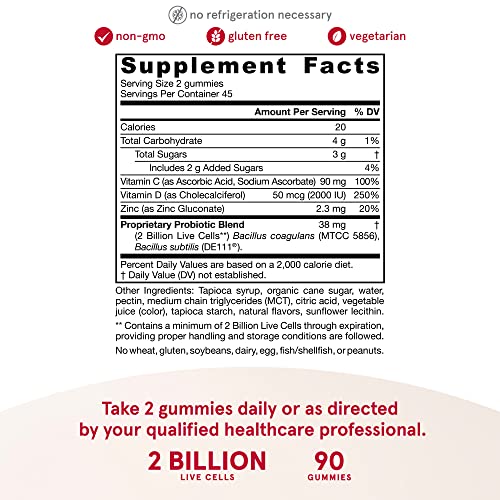 Jarrow Formulas Probiotic+ Immune Gummies - Gut and Immune - 2 Billion CFU+ Vitamins C, D and Zinc - 90 Gummies - 45 Servings - Digestive and Immune Health Support - Orange Flavored Dietary Supplement