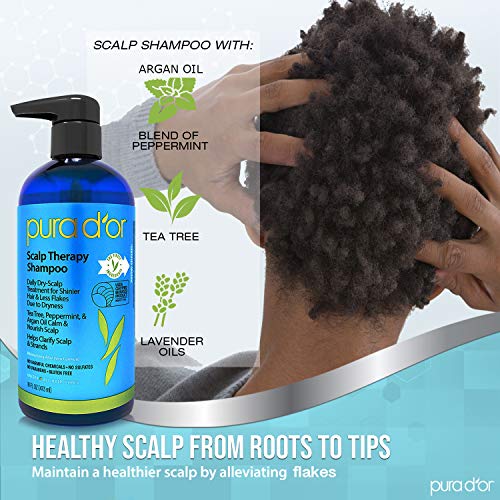PURA D'OR Scalp Therapy Shampoo (16oz) Hydrates and Nourishes Scalp - Scalp Care Shampoo For Itchy Flaky Scalp w/Tea Tree, Peppermint, Patchouli, Cedarwood, Clary Sage, Argan Oil (Packaging may vary)
