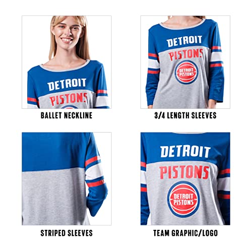 Ultra Game NBA Detroit Pistons Womens T-Shirt Raglan Baseball 3/4 Long Sleeve Tee Shirt, Team Color, Medium