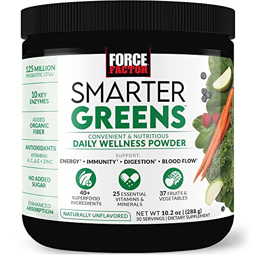 Force Factor Smarter Greens Daily Wellness Powder to Support Energy, Immunity and Digestion, Greens Powder, Superfood Powder with Vitamins, Minerals, and Probiotics, Naturally Unflavored, 30 Servings