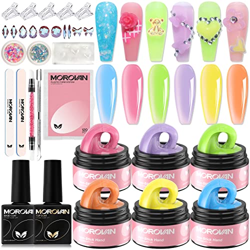 Morovan Solid Builder Gel for Nails - 6 Colors Solid Builder Gel Nail Kit Non Sticky Builder Gel For Nails Extension and 3D Structure Gel for Solid Builder Nail Gel with Base Coat Top Coat Glitter Powder Rhinestones