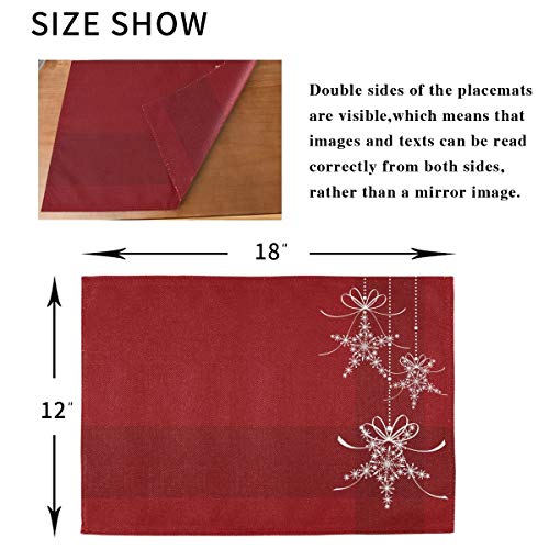 Placemats Elegance Christmas Snowflakes Dining Table Placemats Set of 6 Heat Resistant Kitchen Table Mats Washable Woven Linen-Like Polyester 18X12 Inch Red