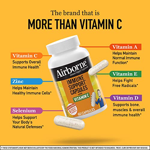 Airborne Vitamin C 500mg Capsules With Zinc and Selenium, Immune Support Supplement For Adults with Powerful Antioxidants Vitamins A C and E + Vitamin D - 60ct Bottle (30 Servings)