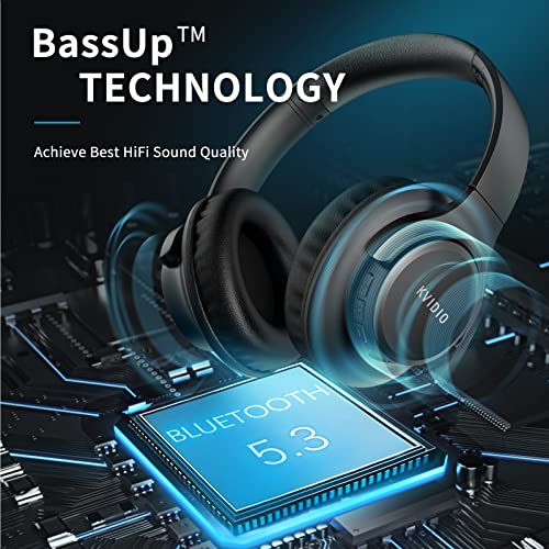 KVIDIO [Updated] Bluetooth Headphones Over Ear, 65 Hours Playtime Wireless Headphones with Microphone,Foldable Lightweight Headset with Deep Bass,HiFi Stereo Sound for Travel Work Laptop PC Cellphone