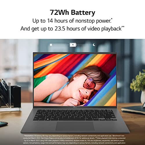 LG gram (2022) 14Z90Q Ultra Lightweight Laptop, 14' (1920 x 1200) IPS Display, Intel Evo 12th Gen i7 1260P Processor, 16GB LPDDR5, 512GB NVMe SSD, FHD Webcam, WiFi 6E, Thunderbolt 4, Windows 11, Gray