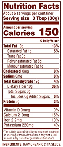 Nutiva Organic Premium Raw Black Chia Seeds, 6 Oz, USDA Organic, Non-GMO, Whole 30 Approved, Vegan, Gluten-Free and Keto, Nutrient-Dense Seeds with 3g Protein and 5g Fiber for Salads, Yogurt and Smoothies