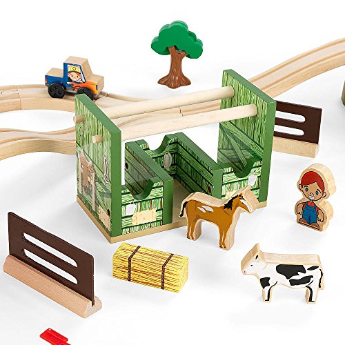 KidKraft Wooden Rural Farm Train Set with 75 Pieces, Children's Toy Vehicle Playset, Gift for Ages 3+