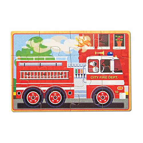 Melissa and Doug Vehicles 4-in-1 Wooden Jigsaw Puzzles in a Storage Box (48 pcs) - Toddler , Fire Truck Puzzles For Kids Ages 3+ - FSC-Certified Materials