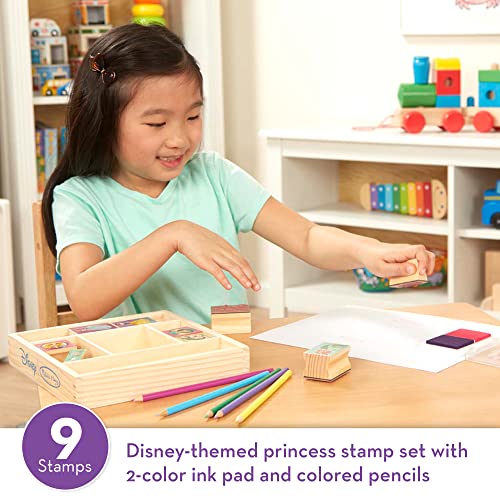 Melissa and Doug Disney Princess Wooden Stamp Set: 9 Stamps, 5 Colored Pencils, and 2-Color Stamp Pad - Disney Princess Coloring, Stamps With Washable Ink, Disney Stamps For Kids Ages 4+
