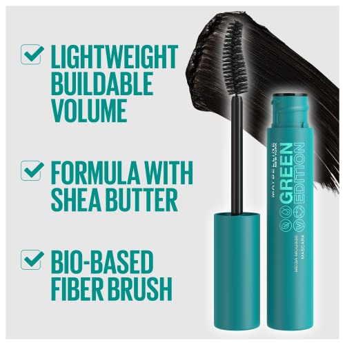 Maybelline Green Edition Mega Mousse Mascara Makeup, Smooth Buildable and Lightweight Volume, Formulated with Shea Butter, Very Black, 1 Count