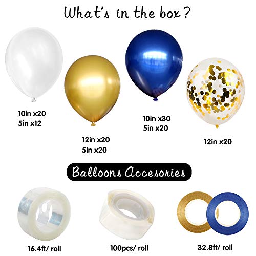 RUBFAC Navy Blue Gold Balloon Garland Arch Kit Royal Blue Gold White Balloons for Graduation Birthday Party Baby Shower Decoration