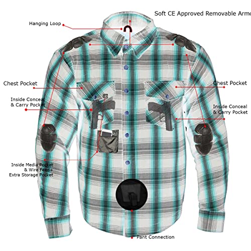 Milwaukee Leather MPM1630 Men's Plaid Flannel Biker Shirt with CE Approved Armor - Reinforced w/Aramid Fibers - Small Grey