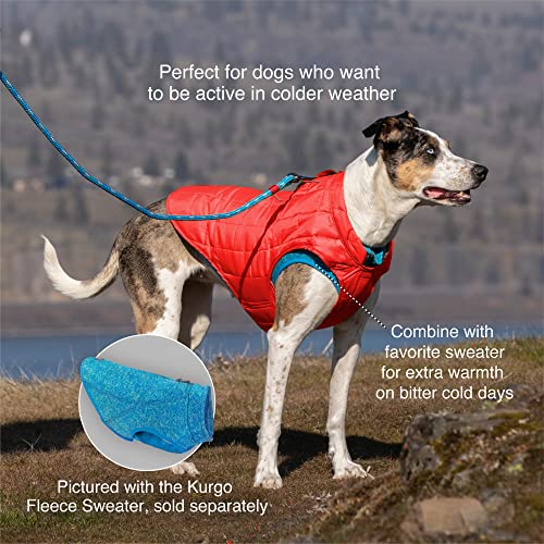 Kurgo Loft Dog Jacket - Reversible Fleece Winter Coat - Cold Weather Protection - Wear With Harness Or Additional Layers - Reflective Accents, Leash Access, Water Resistant - Chili Red/Charcoal, S