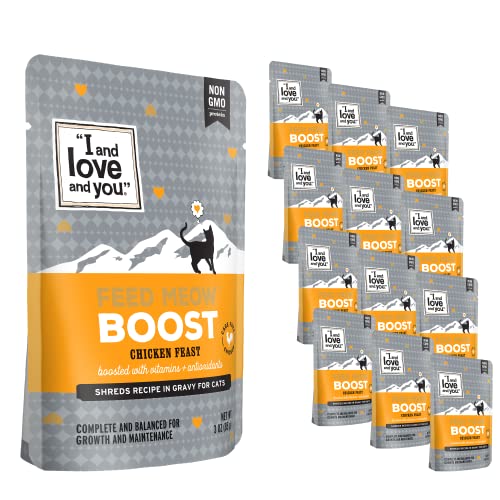 'I and love and you' Feed Meow Wet Cat Food Toppers, Boost Formula with Chicken, Vitamins and Antioxidants, Grain Free, No Fillers, 3oz, Pack of 12