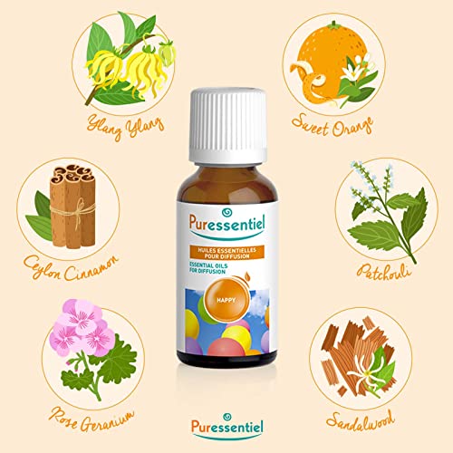 Puressentiel - Essential Oils for Diffusion - Happy Blend - Aromatherapy - Therapeutic, Gentle, Sweet, Scented Oil - Pure, Natural and Vegan - 1 fl oz Bottle