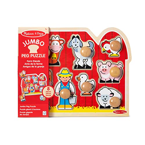 Melissa and Doug Farm Animals Jumbo Knob Wooden Puzzle - Wooden Peg Chunky Baby Puzzle, Preschoool Learning, Knob Puzzle Board For Toddlers Ages 1+