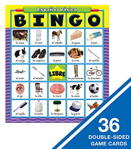 Carson Dellosa Basic Spanish Bingo Game Learning Board Game with 50 Spanish Words with Photos, 36 Game Boards and Bingo Chips for 3-36 Players, Ages 4 and Up