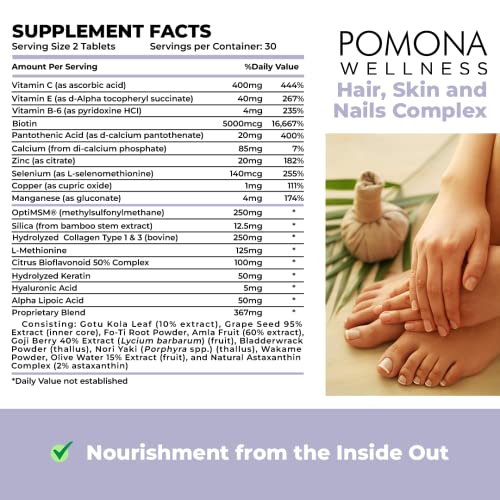 Pomona Wellness Hair, Skin and Nails Complex Supplement, 5000MCG Biotin Per Serving, Supports Healthy Skin, Hair Growth, Strong Nails, Boost Collagen with B Vitamins, Vitamin C, Non-GMO, 60 Count