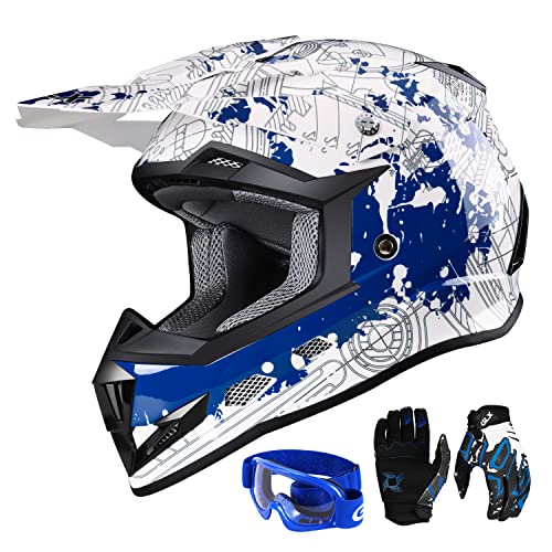 GLX GX623 DOT Kids Youth ATV Off-Road Dirt Bike Motocross Motorcycle Full Face Helmet Combo Gloves Goggles for Boys and Girls (Modern, Large)