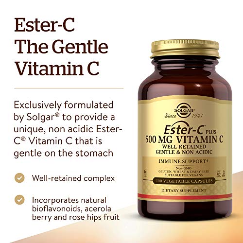 Solgar Ester-C Plus 500 mg Vitamin C (Ascorbate Complex) - Gentle and Non Acidic - Antioxidant and Immune Support - 100 Vegetable Capsules (100 Servings)