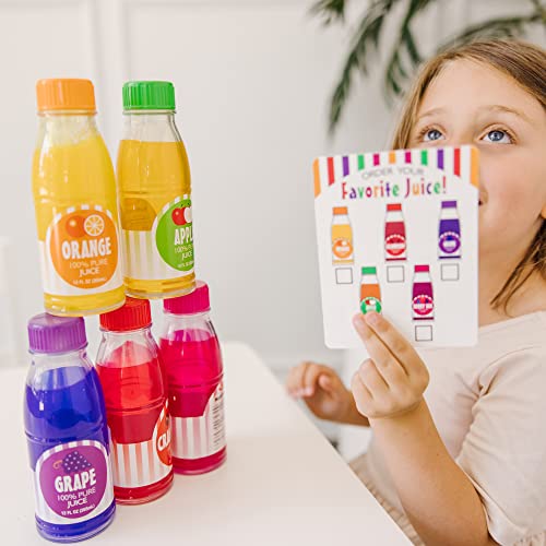 Melissa and Doug Tip and Sip Toy Juice Bottles and Activity Card (6 Pcs) - Pretend Play Food Set, Play Kitchen Food For Ages 3+