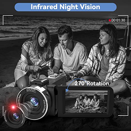 OIEXI 4k Video Camera Camcorder with 18X Digital Zoom,48MP Vlogging Camera for YouTube,3.0' IPS 270° Rotating Touchscreen,Camcorder with Microphone,Remote Control,IR Night Vision and 2 Batteries(Black)