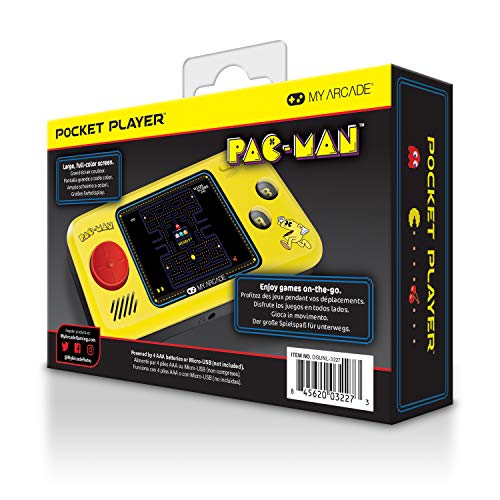 My Arcade Pocket Player Handheld Game Console: 3 Built In Games, Pac-Man, Pac-Panic, Pac-Mania, Collectible, Full Color Display, Speaker, Volume Controls, Headphone Jack, Battery or Micro USB Powered