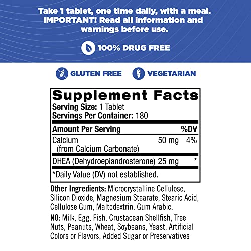 Natrol DHEA Tablets, Promotes Balanced Hormone Levels, Supports a Healthy Mood, Supports Overall Health, Helps Promote Healthy Aging, HPLC Verified, 25mg, 180 Count
