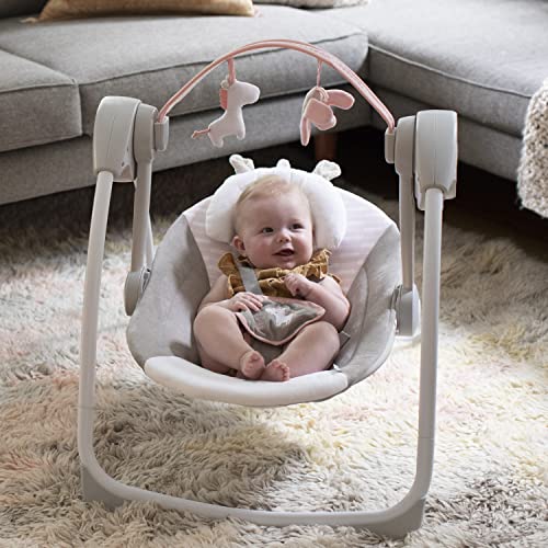 Ingenuity Comfort 2 Go Compact Portable 6-Speed Cushioned Baby Swing with Music, Folds Easy, 0-9 Months 6-20 lbs (Pink Flora the Unicorn)